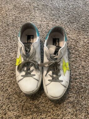 Golden Goose White Sneakers with Neon Yellow Star and Teal Heel Tab